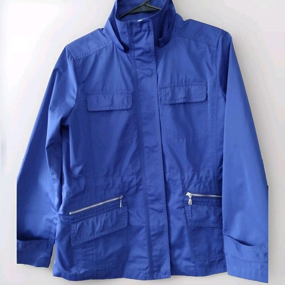 Talbot's Tech Rain Jacket Coat Hood/Pleated Cinched Sz 8P Blue Mid Length